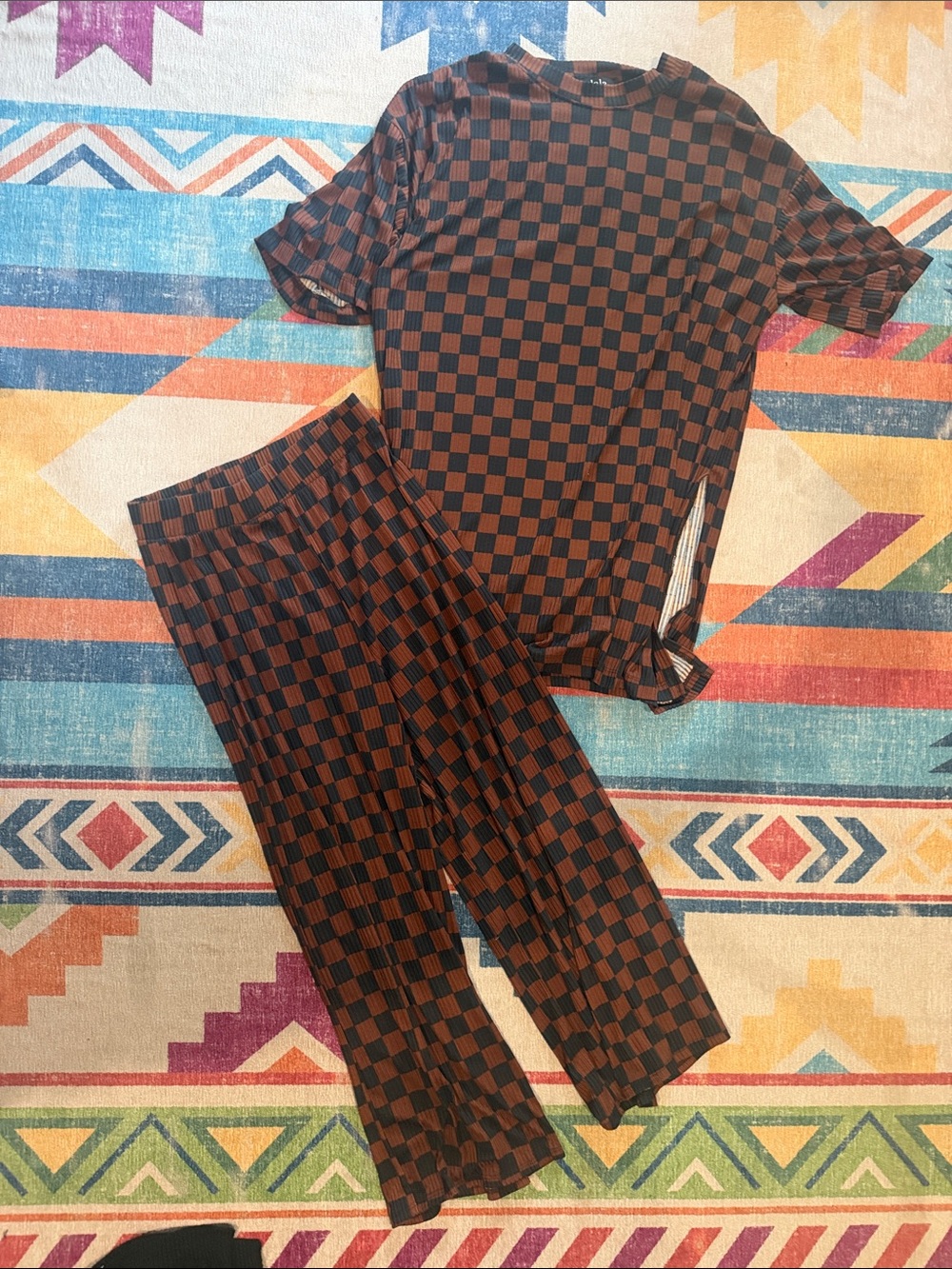 Dressed in LALA Brown and Black Checkerboard Straight-Leg crop Pants & Top Set